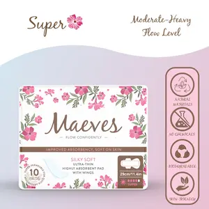 Maeves Super Pads + wings | 10ct, 20ct, 30ct, 40ct | Ultra-Thin, Organic, Renewable Fibres, Silky Smooth, Chemical Free, Protects Body & Skin