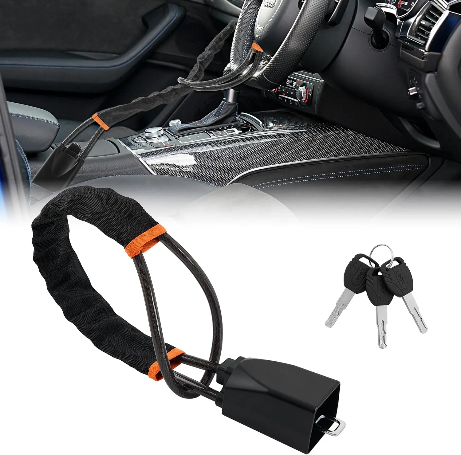 Sturdy Alloy Steel Anti-Theft Car Steering Wheel Lock (1-Pack, Black) - Adjustable, Max 17in Locking Length, Fine Stitched Edges, 3 Keys, Quick Install, Space-Saving Storage, Polyvinyl Chloride Components, Heavy-Duty Protection, Fits Most Vehicles & SUVs