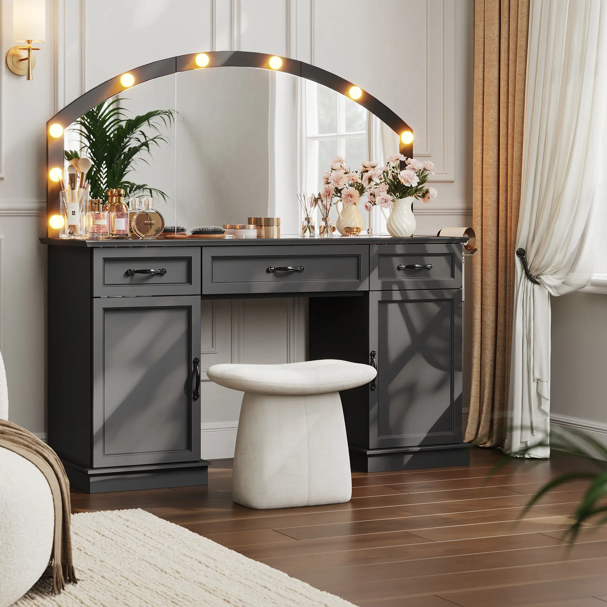 Kepptory 55" Width Freestanding Vanity Desk - Glass Top, LED Mirror with 3 Color Modes, Storage Drawers, Modern Furniture Vanity Table for Bedroom Indoor Use