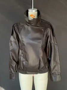 Women's PU Leather Jacket, Stand Collar Loose Fit Zipper Design, Faux Leather Coat, Long Sleeve Casual Outerwear