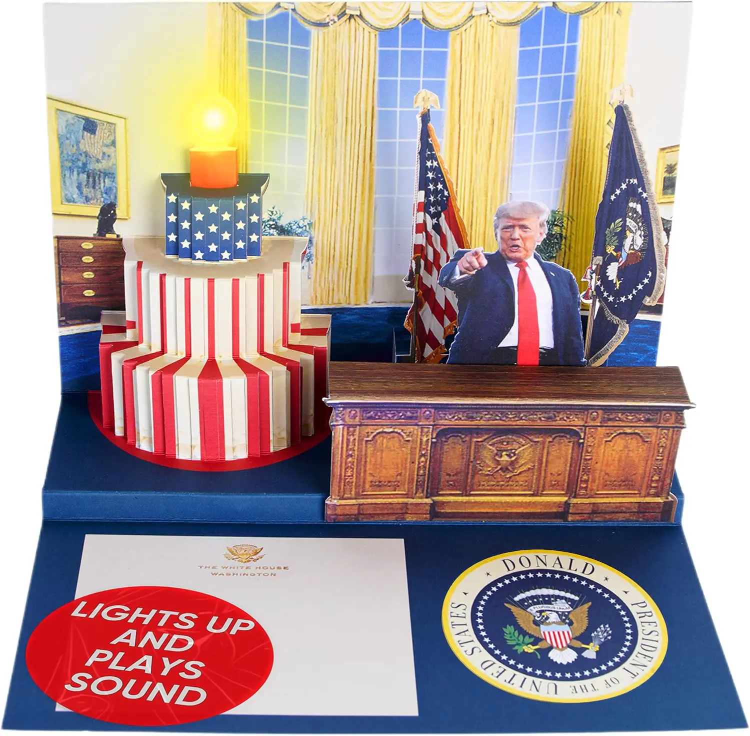 Donald Trump 3D Pop-Up Talking Birthday Card - Office Stationery with Real Voice, Lights On, Plays Sound, "Hail to the Chief" Music, Oval Office Design, Republican Gag Gift for Dad, Theme Greeting Card, Funny