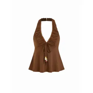 Cider High Stretch V-neck Halter Ruched Lace Trim Beaded Drawstring Peplum Tank Top SummerWins Dealsforyou