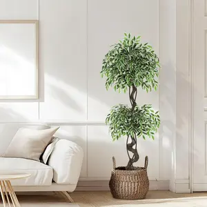 Garvee Large Artificial Ficus Trees with Natural Curved Trunks in 4ft and 5ft Sizes, Featuring White Imitation Ceramic Planters, Pebbles, and Fake Moss for Indoor and Outdoor Home, Office, and Garden Decor