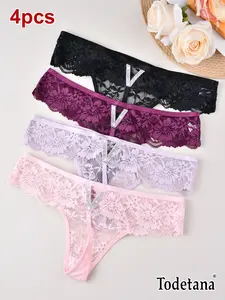 4pcs Women's Sexy Lace Thongs - Low-Rise V-String Panties with Contrast Lace Trim & V-Diamond Decor, Soft Breathable Underwear for Everyday & Special Occasions, Lace Panties, Intimate Apparel, Elegant Underwear, Delicate Construction