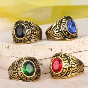 Men's Classic Atmospheric Ring, American GI Vintage Eagle Set Red Blue Black Emerald Jewelry