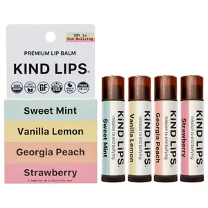 Organic Lip Balm 4 Pack - Variety with Lemon, Coconut, Jojoba, Olive, Peach, Skincare, Vanilla, and More