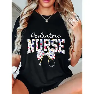 100% Cotton Pediatric Nurse Coquett Bow Stethoscope Peds Nurse RN Crew T-Shirt