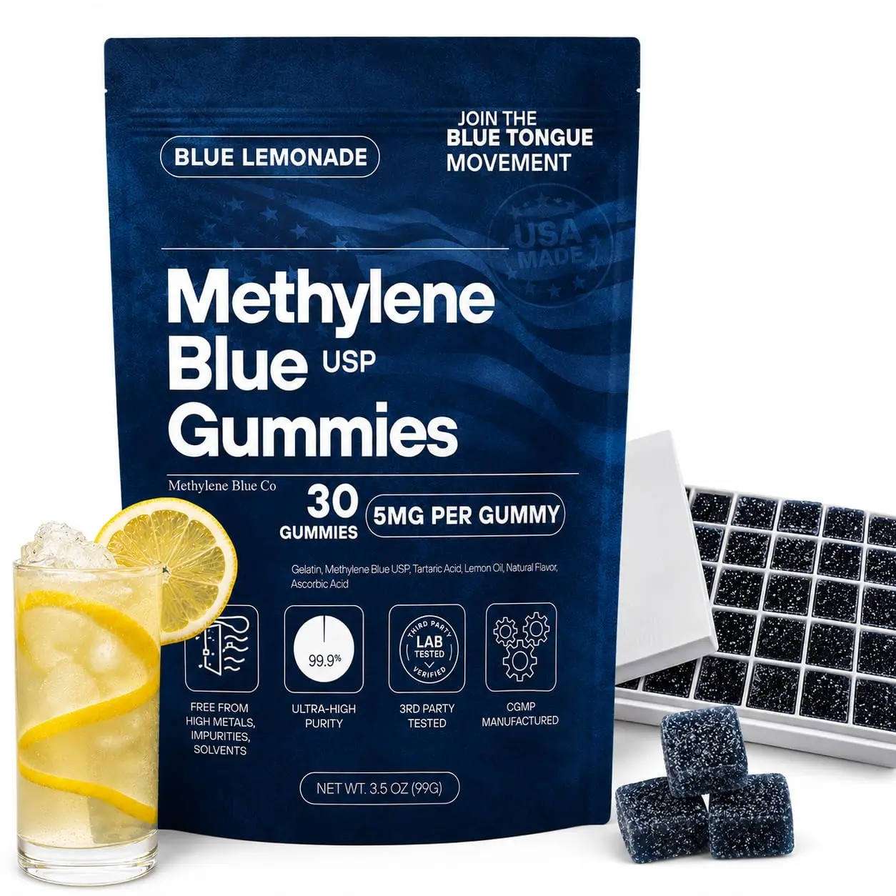 Methylene Blue Gummies 5mg 30ct, USA Made & 3rd Party Tested for Heavy Metals, USP - The First of its Kind, Proud American Company