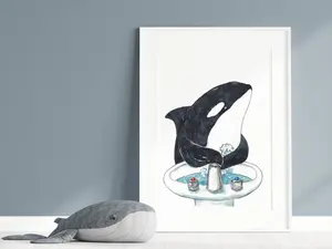Orca Whale Washing Hands Bath Watercolor Poster , Art Bathroom Room Washroom Tooth Brush Baby Ocean Wall Poster