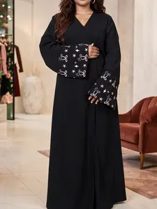 Women's Long Sleeve Floral Print Abaya Dress, Embroidered Design, Dubai Muslim Open Front Cardigan, Saudi Arabian Style, Elegant Fashion