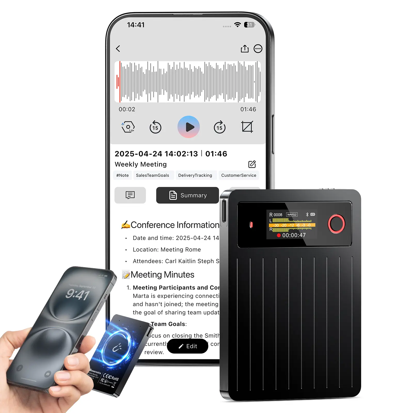 Powerextra AI Voice Recorder 64GB, GPT Transcription & Summary, 104 Languages, 36H Recording, LCD, for Meetings Lectures Interviews