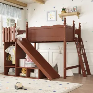 [Bellemave]（2 packages）Twin /Full Loft Bed with Storage Shelves and Wardrobe, Solid Wood Loft Beds with Detachable Slide and Ladders, No Spring Box Needed, Deep Natural