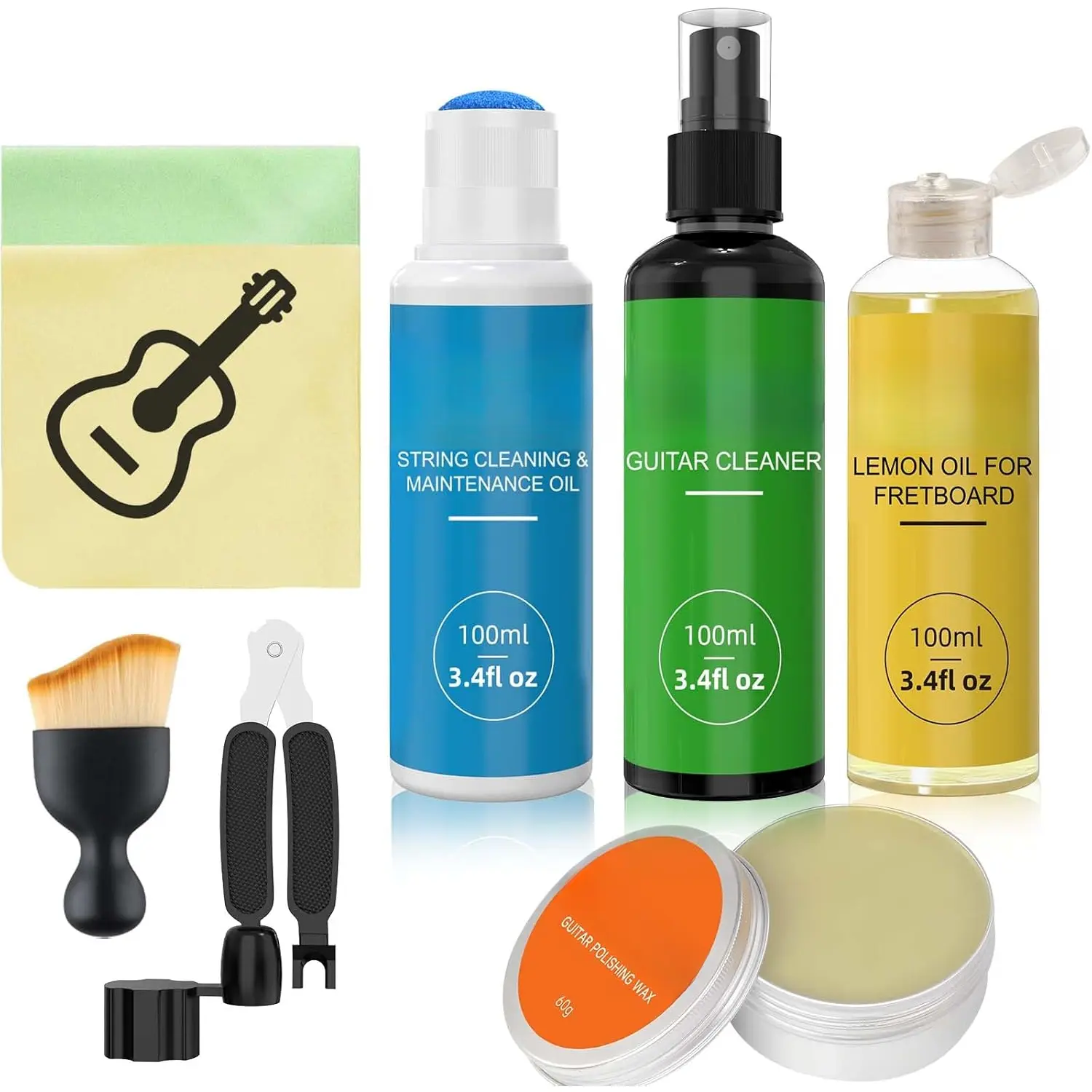 Guitar Cleaning Kit - 8Pack Complete Care Set with Flip-Top Squeeze Bottle & Sponge Applicator | Guitar Cleaner, Lemon Oil(Fretboard Oil), Polish Wax, String Cleaner, Winder, Brush & Microfiber Cloth