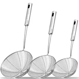 3-Piece Stainless Steel Spider Strainer Set, Long Handle Fine Mesh, Pasta Strainer for Soup Vegetables Eggs, Commercial Home Kitchen Tool