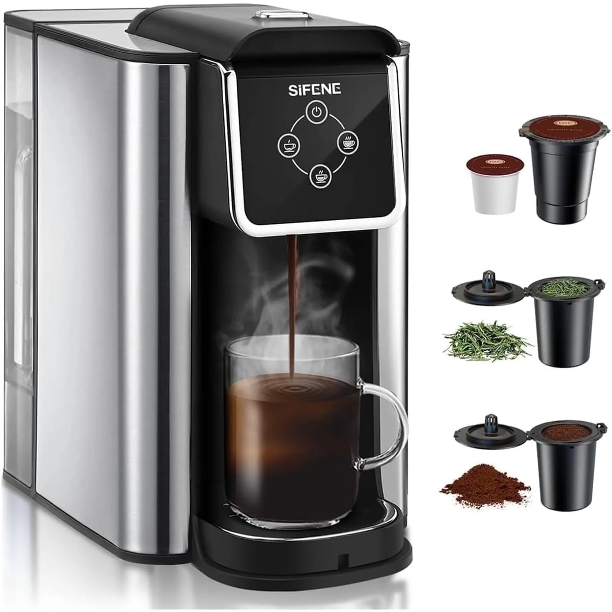 SiFENE 3-in-1 Single Serve Coffee Maker for K Cup Pods, Ground Coffee & Tea, 50 Oz Removable Reservoir, Compact Coffee Brewer for Kitchen, Office & Dorm, Black