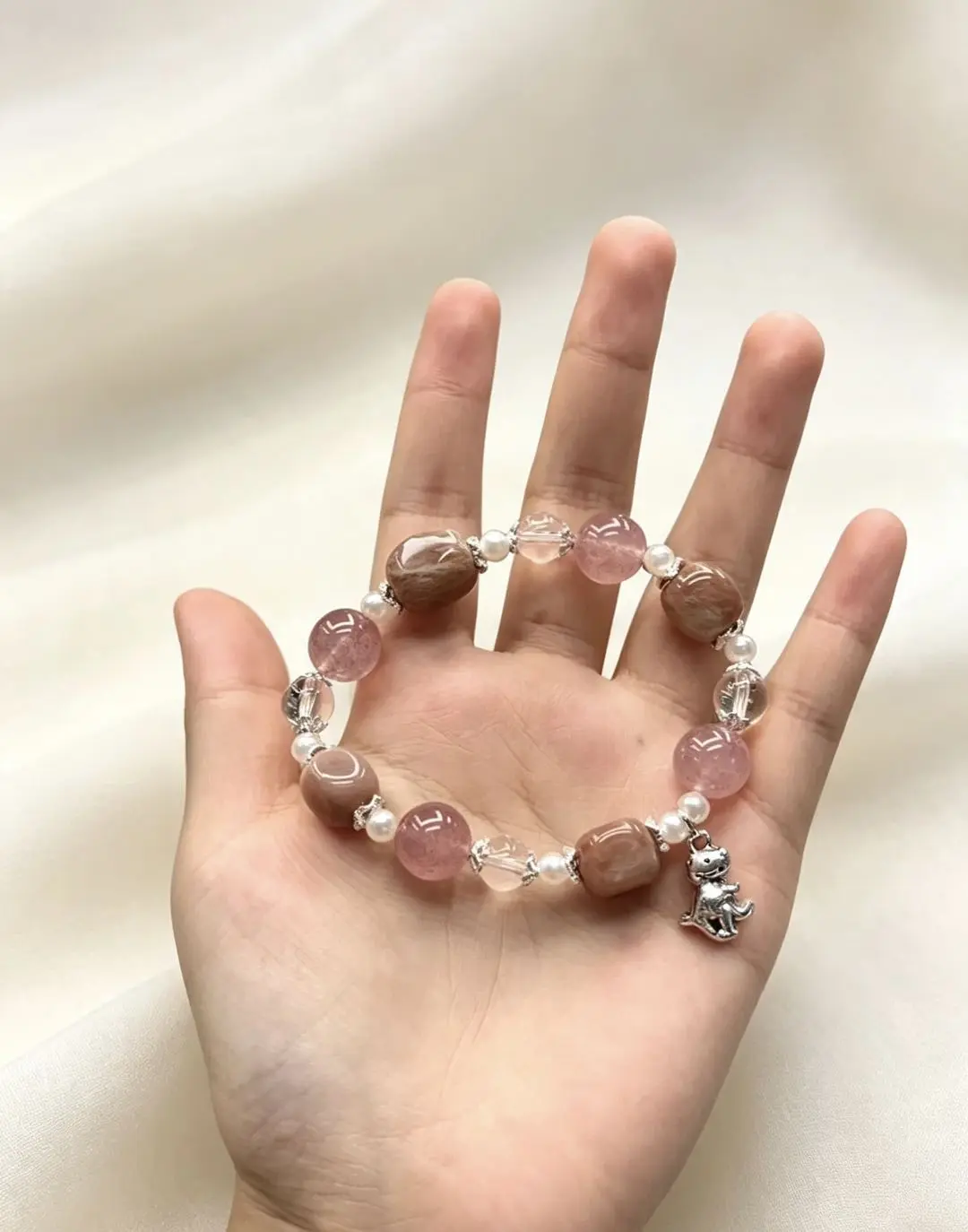 Vikki(20517)gc.Sweet Pink Mixed Gem Bracelet With Dinosaur Charm