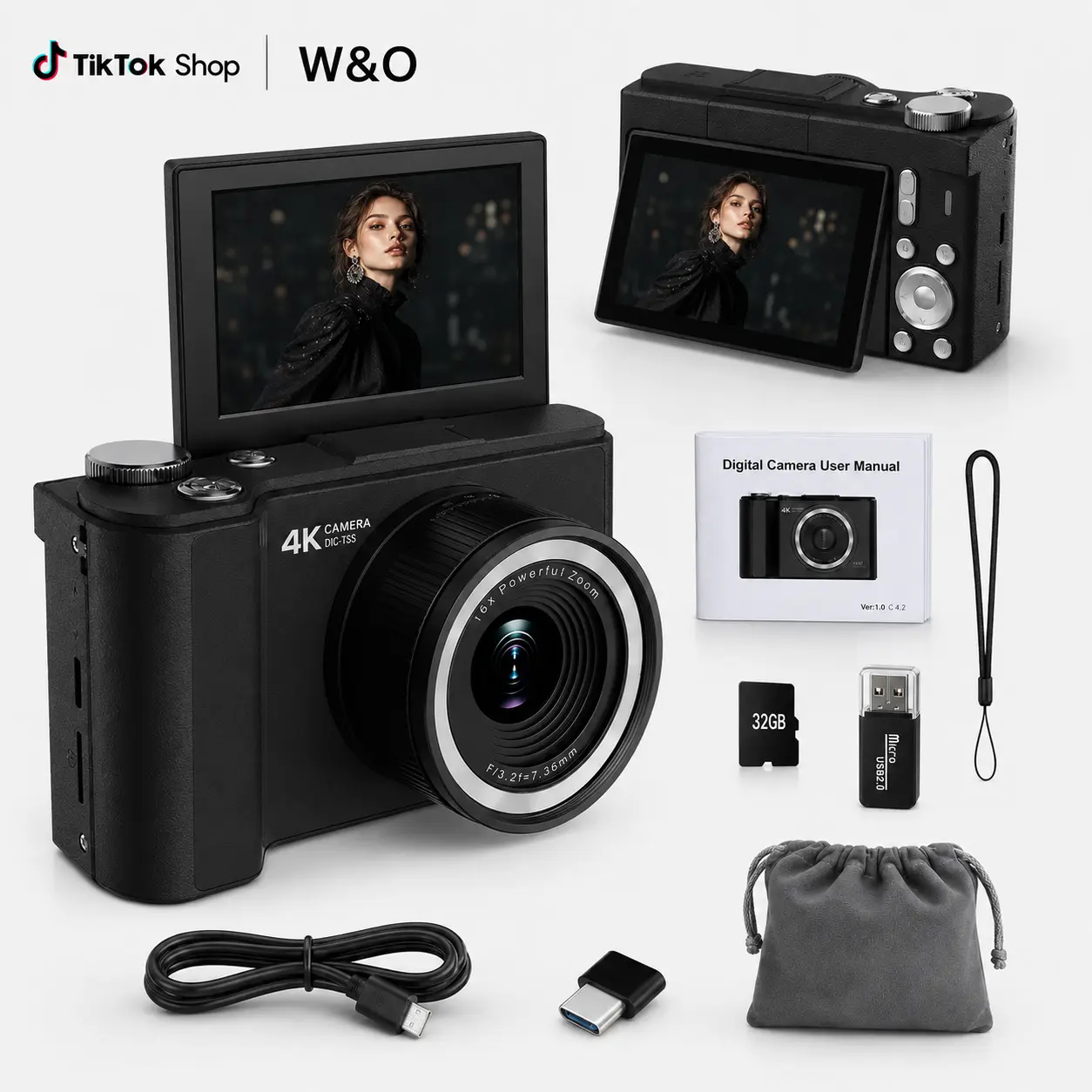 W&O Q5 4K Vlogging Camera for Beginners & Content Creators, 64MP Autofocus Digital Camera, 180° Flip Screen, Ring Light, 16X Zoom, 32GB Card Included, First Camera Birthday Gift for Teens HD
