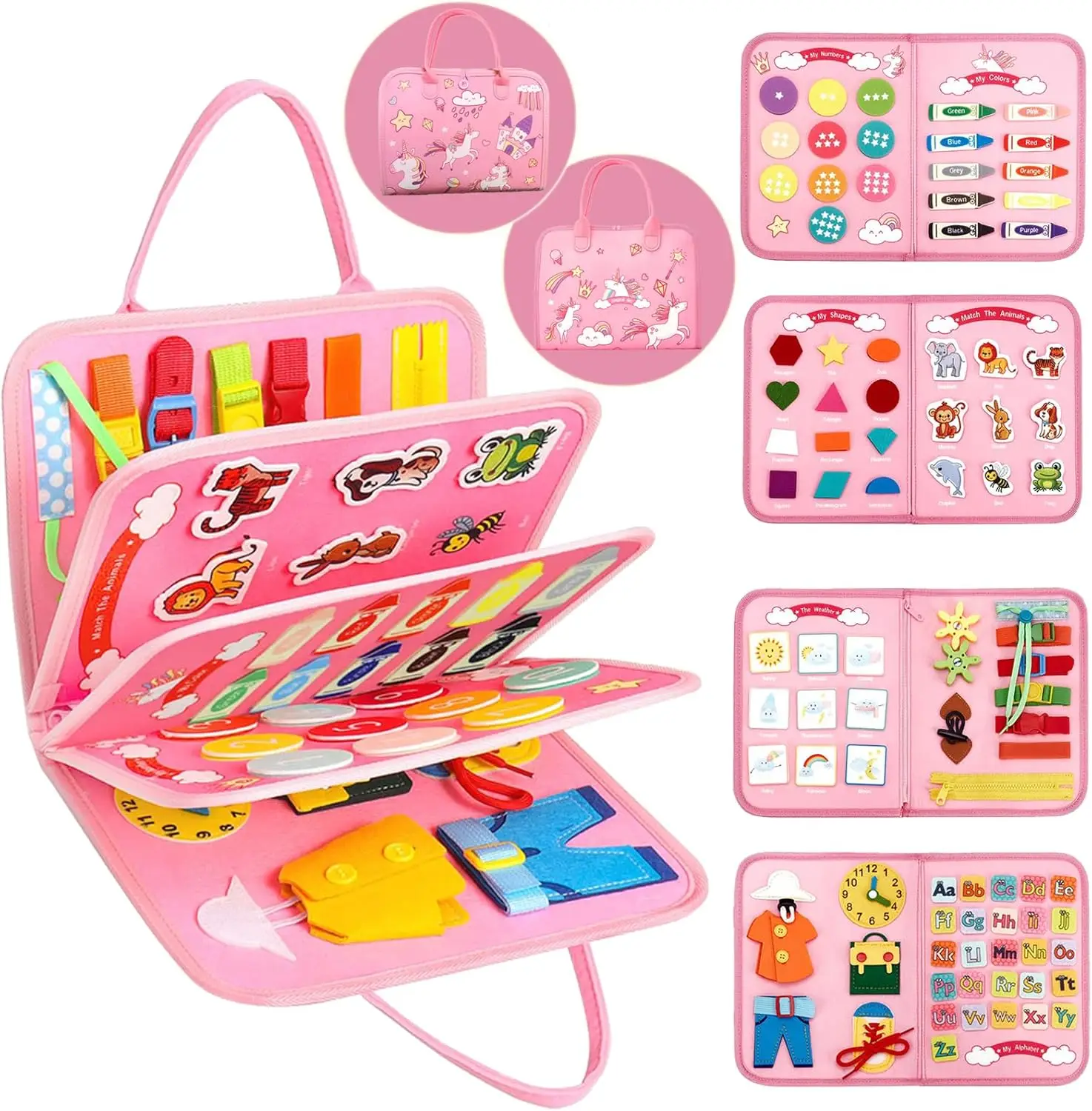 Halloween Fall Gifts Montessori Busy Book for Toddlers 1-4, Felt Sensory Activity Board with 8 Pages and Clips for Fine Motor Skills (Pink)