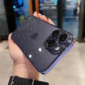 Glitter Plating Clear Case For iPhone 15 14 13 12 16 Pro Max Plus Hard PC Transparent Camera Film Protection Cover for iPhone 15 Protector Screen Protector Protective Cellphone Casing Smartphone Shockproof Black