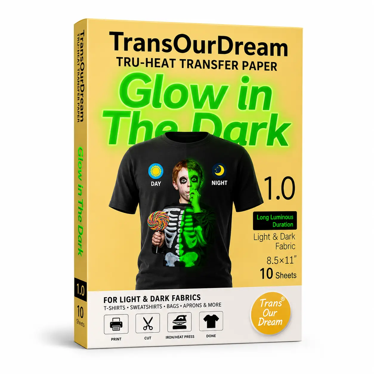 TransOurDream Light-Absorbent Glow-in-the-Dark Heat Transfer Paper for Dark T-Shirts, 10 Sheets 8.5x11in Inkjet Printer Iron-On Transfers with Teflon Sheet, Easy to Cut for Families’ Customized Gifts, DIY Gifts, Party Outfits