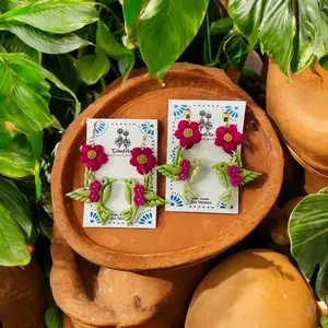 Tuindita Bird Trendy Earrings - Handcrafted Talavera Style Clay Stud Earrings with Blue & White Floral Design - Authentic Mexican Artistry