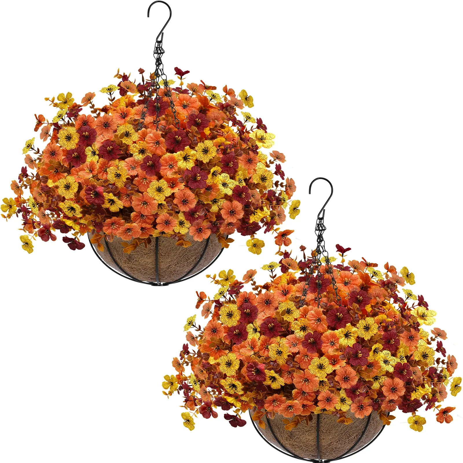 2 Sets UV-Resistant Faux Silk Violet Artificial Fall Mums Hanging Flower Plant Baskets, 504 Realistic Fake Chrysanthemums in Planters for Autumn Porch Home Outdoor Decor