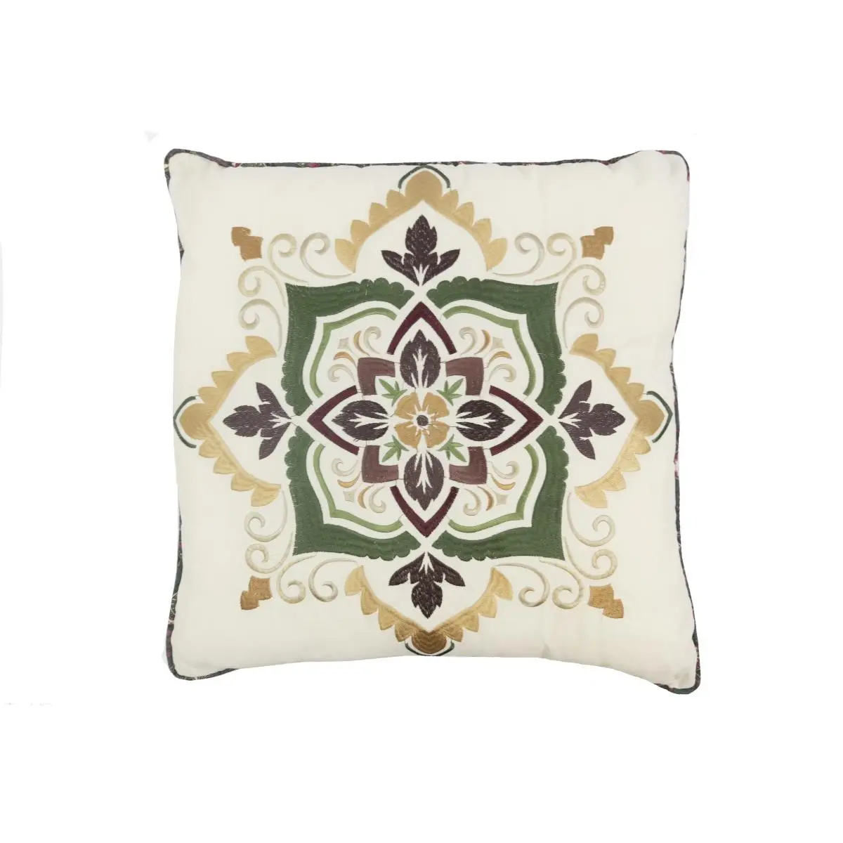 American Heritage Textiles 52001 Spice MF 18x18 inches Embroidered Damask Postage Stamp Decorative Pillow, Multi-Color with Cinnamon, Burgundy, Forest Green Accents, Rich Olive