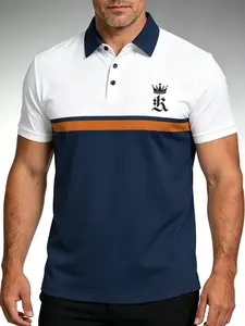 Men's casual striped shirt, made of 100% polyester knitted fabric, with a regular pattern and slight elasticity, featuring a button neckline,