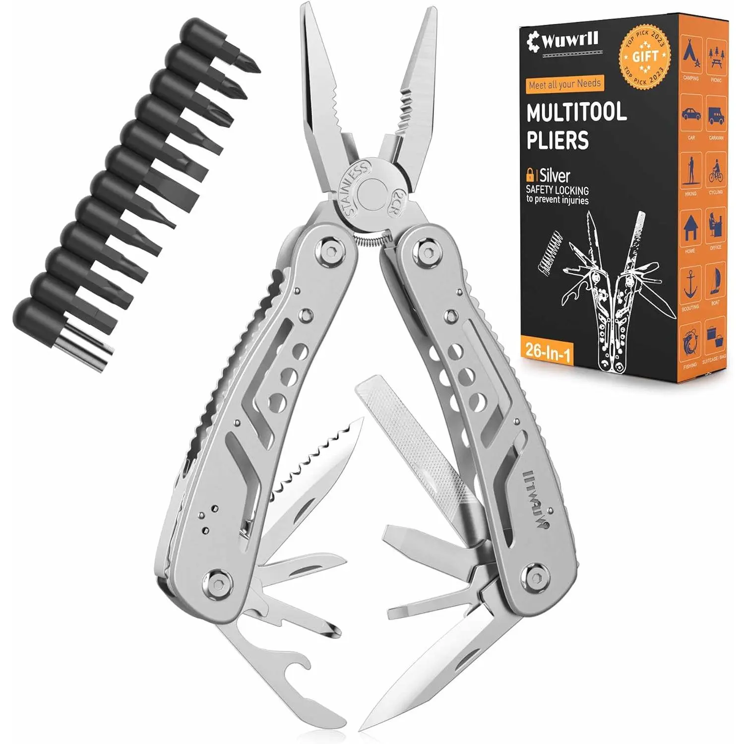 multifunctional tool 26-in-1 Multitool with 15-in-1 Features Long Nose Pliers Screwdriver Replaceable Bits for Sports Camping Fishing Hiking Hunting