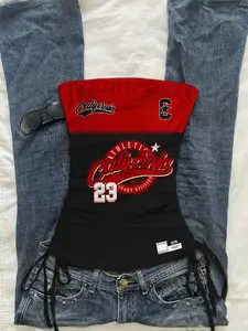 Women's Summer Drawstring Tie Front Cut Out Tube Top, Fashion Vacation Slim Fit Sports Print Tank Vest, Stylish Casual Wear, Casual Fitted Sleeveless, Casual Sleeveless Crop