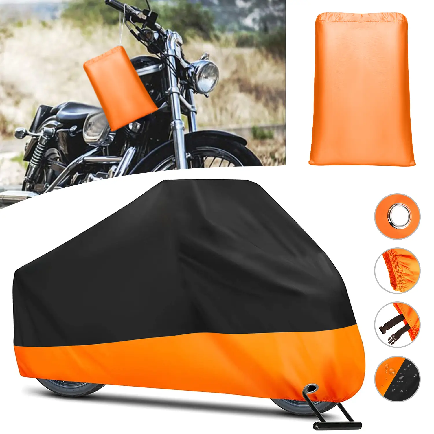 Waterproof Motorcycle Cover, All Season UV Rain Snow Dust Protection Motorbike Shelter with Lock Hole Windproof Buckle Elastic Hem