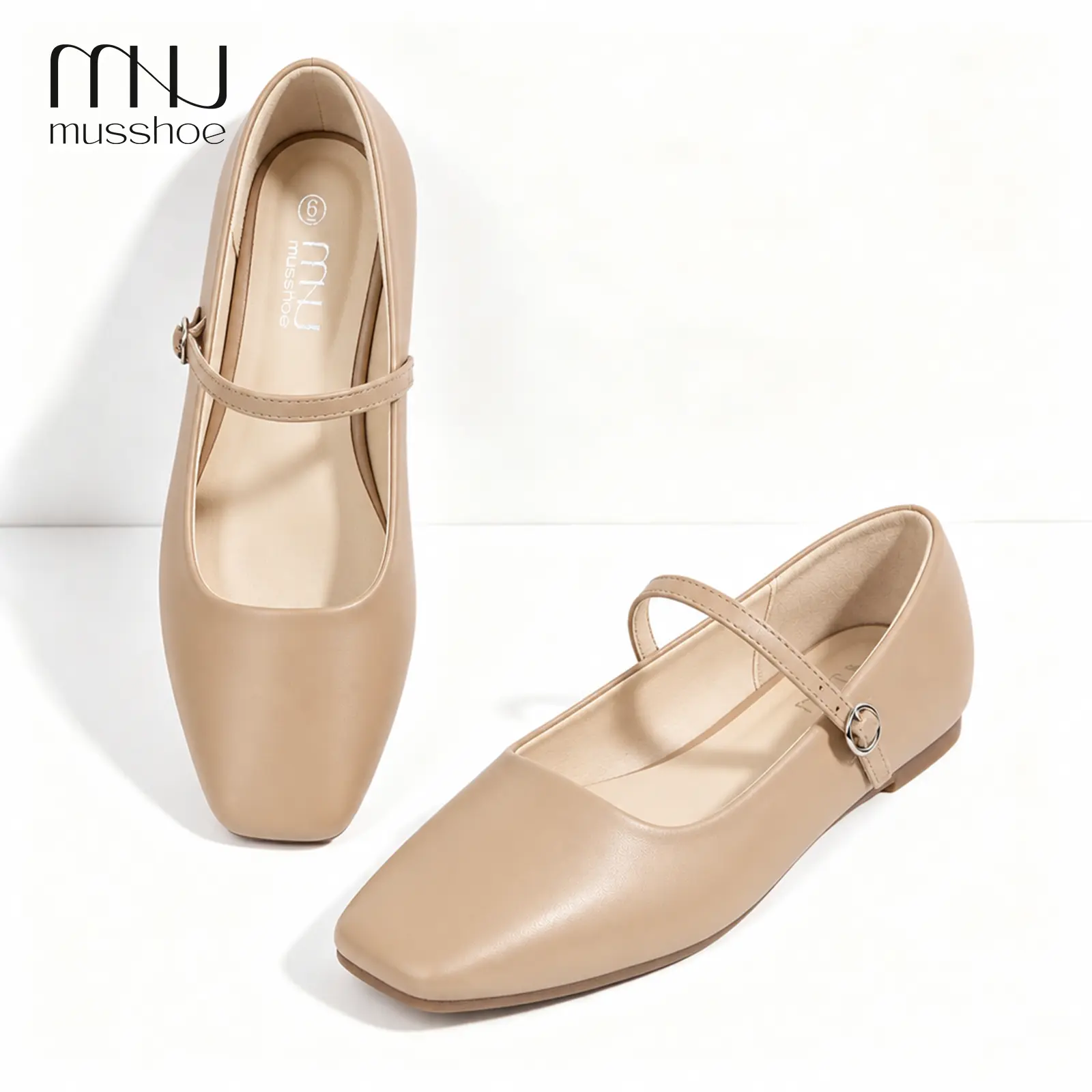 MUSSHOE Women's Classic Mary Jane Shoes - No Heel, Square-Toe, Adjustable Strap, Lightweight Rubber Ballet Flats, Easy to Put On for Business & Casual Wear,outdoorfun