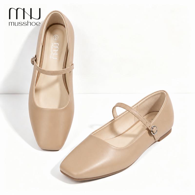 MUSSHOE Women's Classic Mary Jane Shoes - Shoes for Women, Square-Toe, Adjustable Strap, Lightweight Ballet Flats, Easy to Put On for Business & Casual Wear