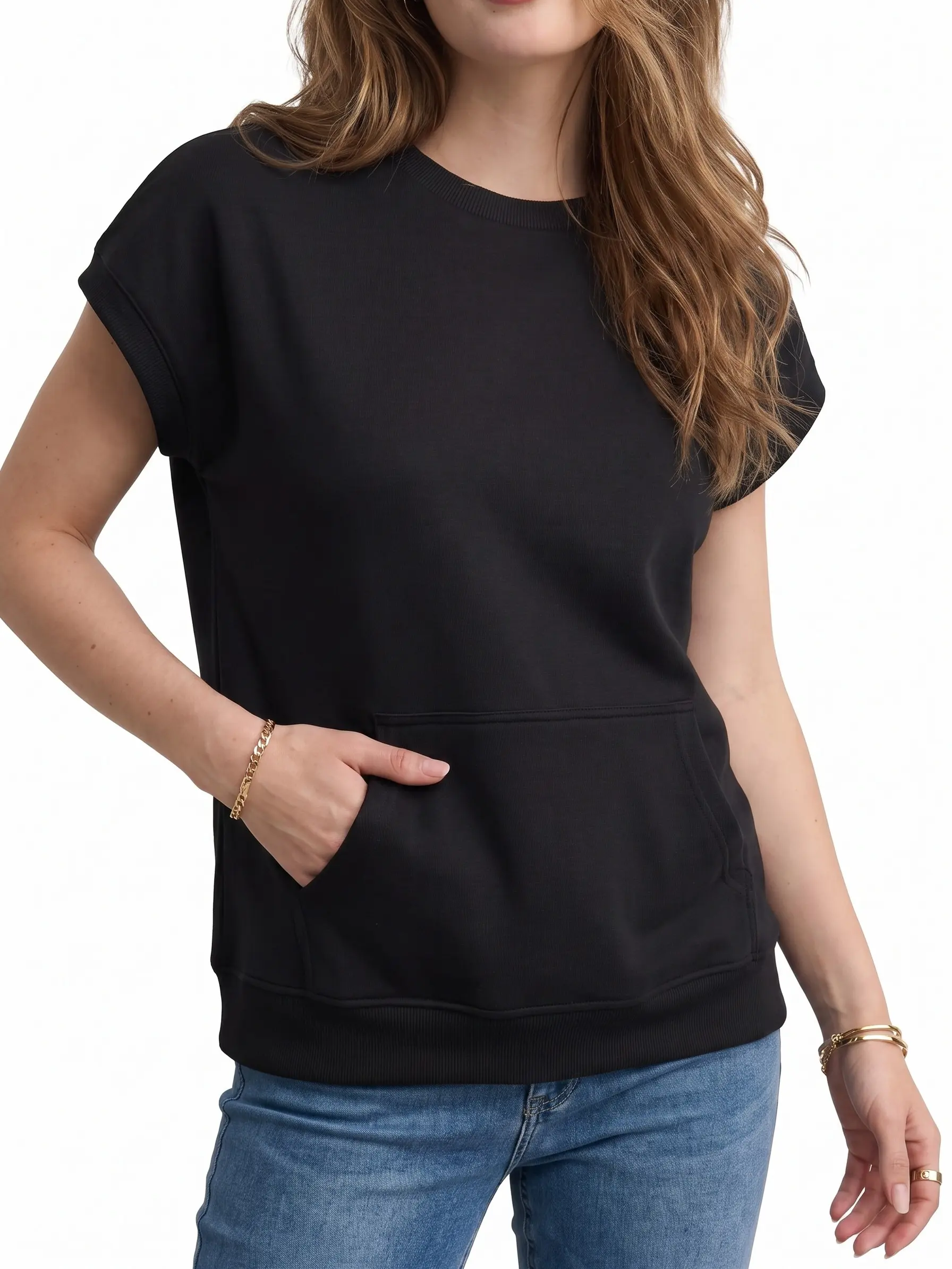 Shewin Women's Crew Neck Cap-Sleeve Basic Minimalist Sweatshirt - Kangaroo Pocket, Ribbed Hem Casual Pullover Shortsleeve Top for Daily Outings, Women's Clothes DealsForYouDays summerwins,summeroutfits,vacationoutfits,beachoutfits Round Neck Fitted Crewn