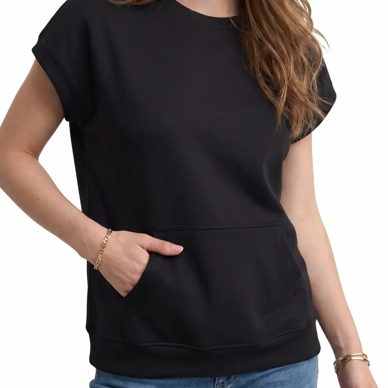 Shewin Women's Basic Minimalist Cap-Sleeve Round Neck Collarless Pullover Blouse - 50% Stretch, Roomy Loose Fit, Kangaroo Pocket, Medium-High Ribbed Hem, Plain Design, Easy to Pair with Denim, Travel-Ready Summer Tops for Women