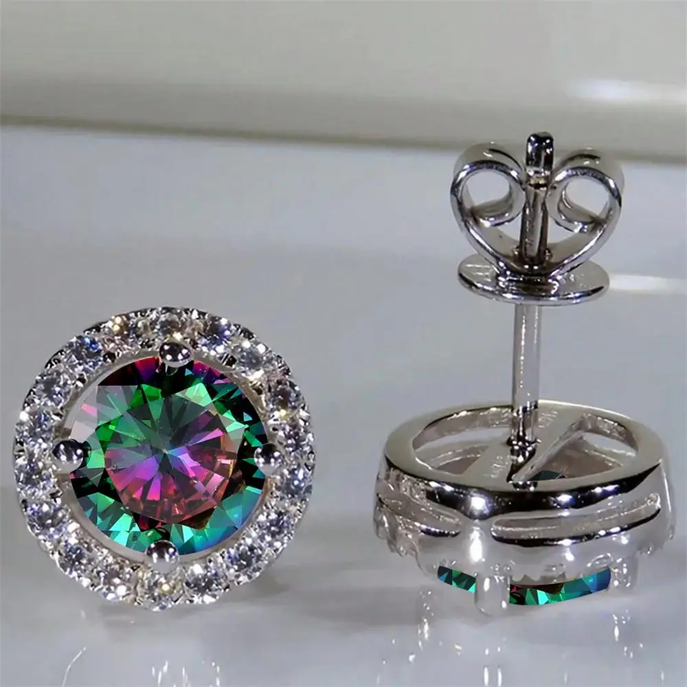 Classic Four Claw Round Stone Earring Rainbow Crystal Multicolor Zircon Studs Earrings For Women Silver Color Engagement Jewelry