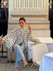 2026 Spring/Summer Women's Elegant Fashion Simple Commute Exquisite Polka Dot Pattern Collar Tie Design Fashion Bow Tie, Puff Sleeves, Loose Fit Pleated Semi-Transparent, Suitable for Daily Wear, Outings, Commuting, Travel, Parties, Etc.