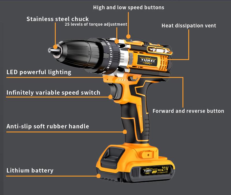 21V household multifunctional wireless drill tool set, impact drill, drill with work light, equipped with 1 or 2 batteries and quick charger, optional drill set and box, screwdriver, tape measure, drill set suitable for home maintenance, men's gift