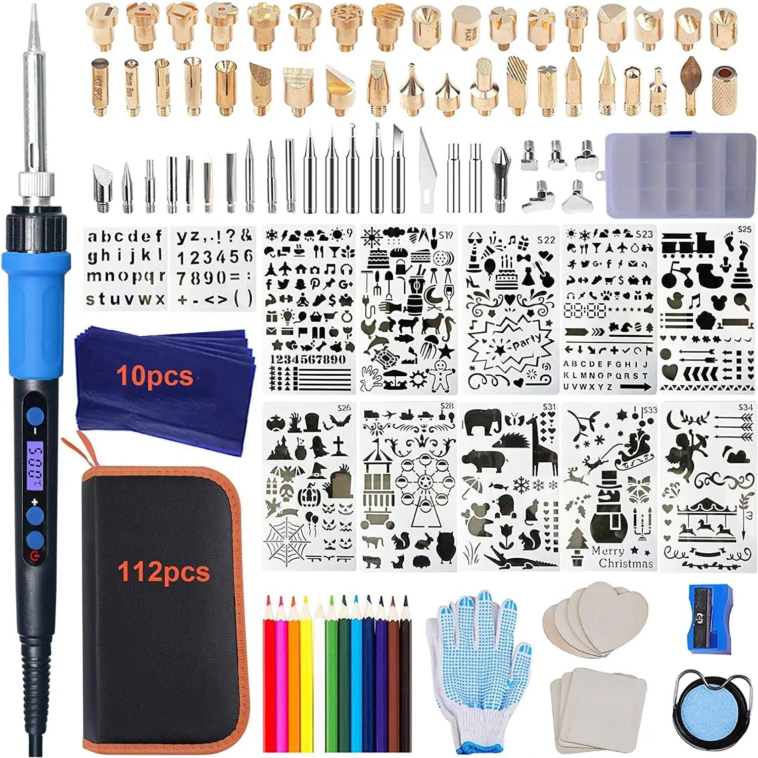 112PCS  Wood Burning Kit-Wood Burning Tool Set with Digital LCD Display Pyrography Pen Adjustable
