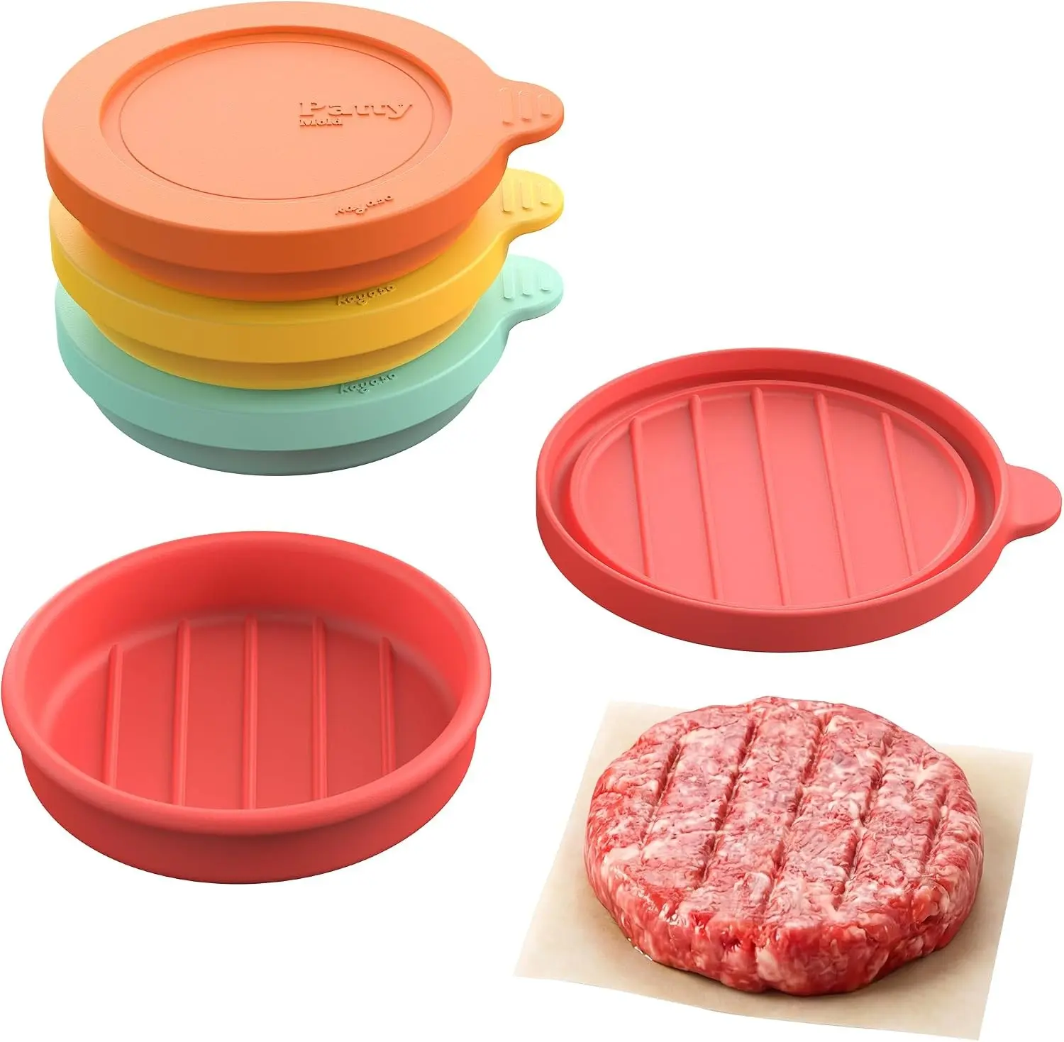Silicone Burger Patty Mold Set with Lid, Nonstick Burger Press for 1/4 lb Patties, Food-Grade Patty Maker for Beef Chicken Veggie Burgers, Food Freezer Container 4 Pack