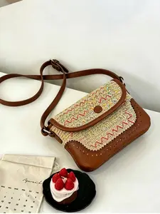 Summer New Straw Leather Patchwork Crossbody Bag, Hollow Out Floral Flip Cover Woven Bag, Vacation Style Multi-Color Daily Shoulder Bag