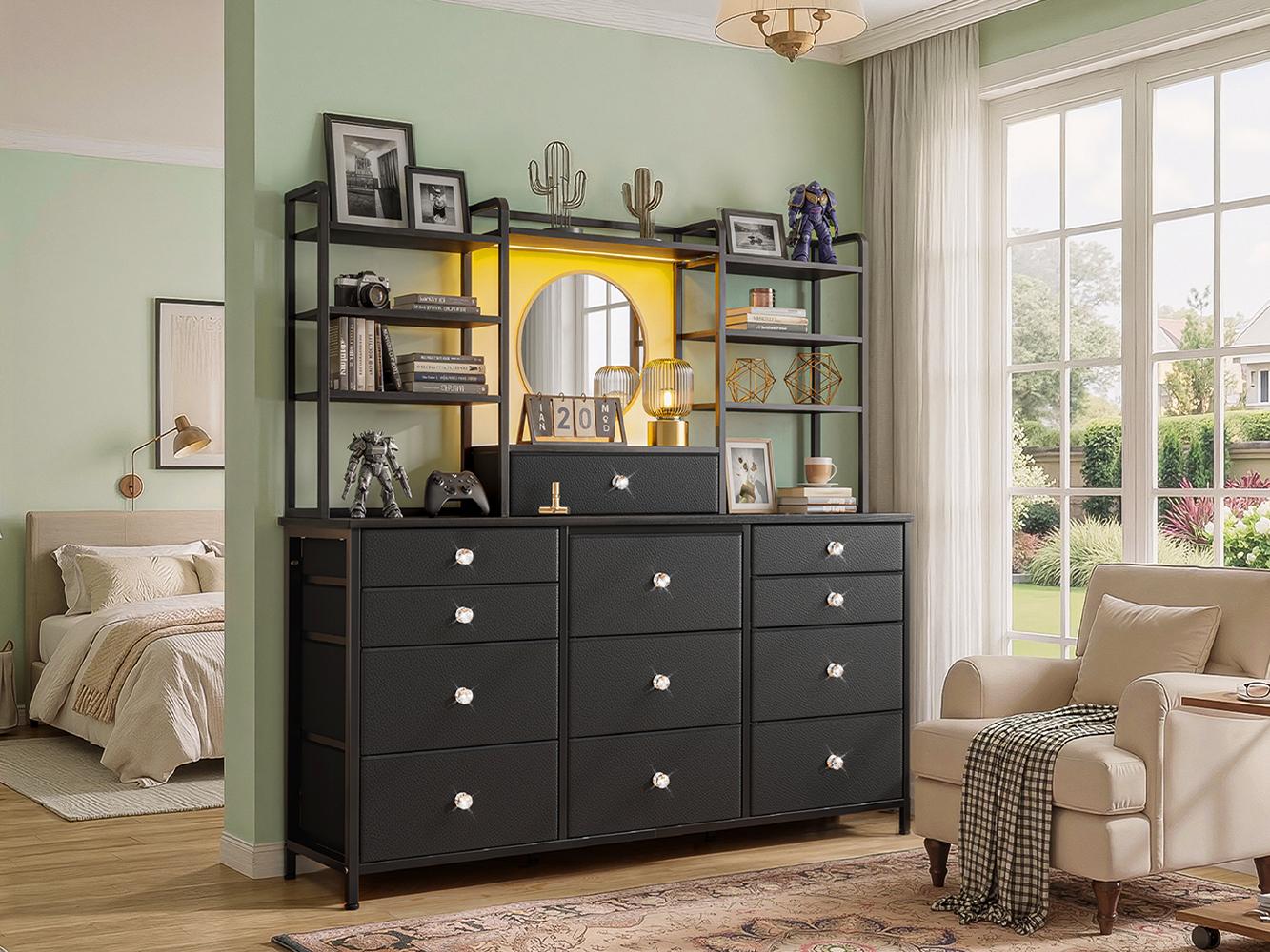 Raybee 12 Drawer LED Dresser for Bedroom, Stylish Fabric Chest with Open Shelves & Crystal Handles, Space-Saving Vanity Storage Organizer, Multi-Functional Furniture with Metal Frame & Wooden Shelf for Entryway, Closet, Living Room, Apartment, Dorm Raybee 12 Drawer LED Dresser for Bedroom, Stylish Fabric Chest with Open Shelves & Crystal Handles, Space-Saving Vanity Storage Organizer, Multi-Functional Furniture with Metal Frame & Wooden Shelf for Entryway, Closet, Living Room, Apartment, Dorm