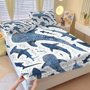 "Watercolor Shark Fitted Sheet Set - 3 Piece Soft Breathable Deep Pocket Bedding with 2 Pillowcases, Ocean Marine Life Pattern Bed Sheets for Kids Bedroom Decor, Full Size"