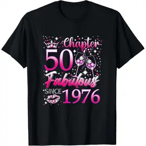 100% Cotton Short-Sleeve Geometric T-Shirt, Men's Round Neck Streetwear Top, 50th Birthday "Chapter 50 Fabulous Since 1976" Casual Tee