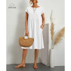 2026 New Women’s Summer OL Style Cotton Linen Dress, Crew Neck A-Line Silhouette, Loose Plus Size Fit, Soft Breathable Fabric, Elegant Office Lady Casual Midi Dress Perfect for Work, Daily Commute, Business Casual and Summer Outdoor Occasions