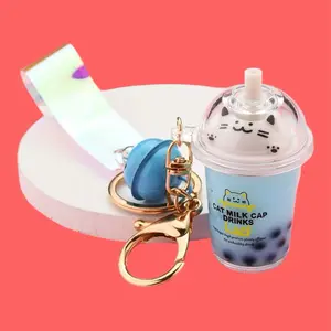 Kawaii Boba Tea Keychain with Cat Milk Cap Drinks Design and Blue Boba Charm for Fun Keyring