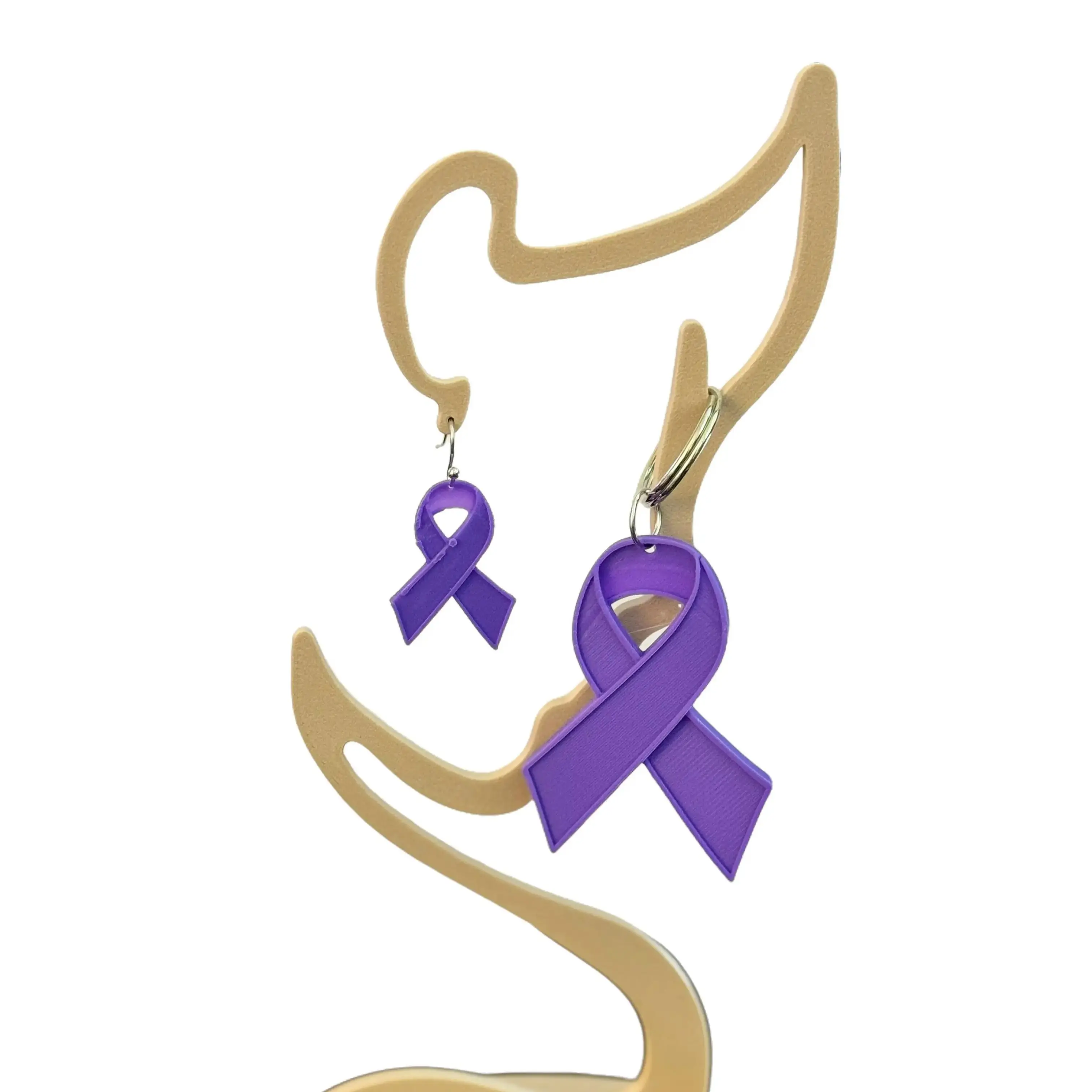 Purple Awareness Ribbon 3D Printed Earrings & Keychain Handmade Accessories for Domestic Violence Support & Epilepsy Awareness