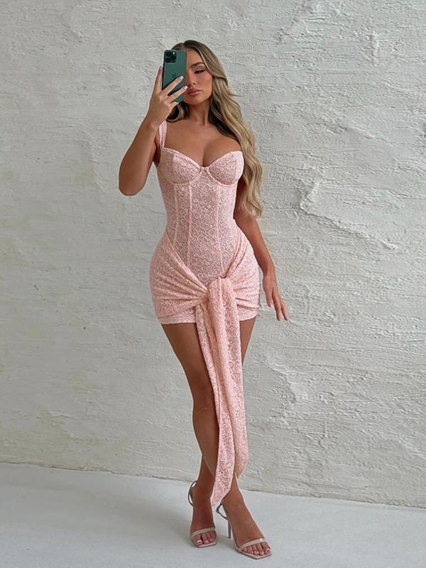 Women's Floral Lace  Strappy Corset Structure Dress, Elegant Sleeveless Short Dress for Party Club Dating Wear, Ladies Summer Clothes