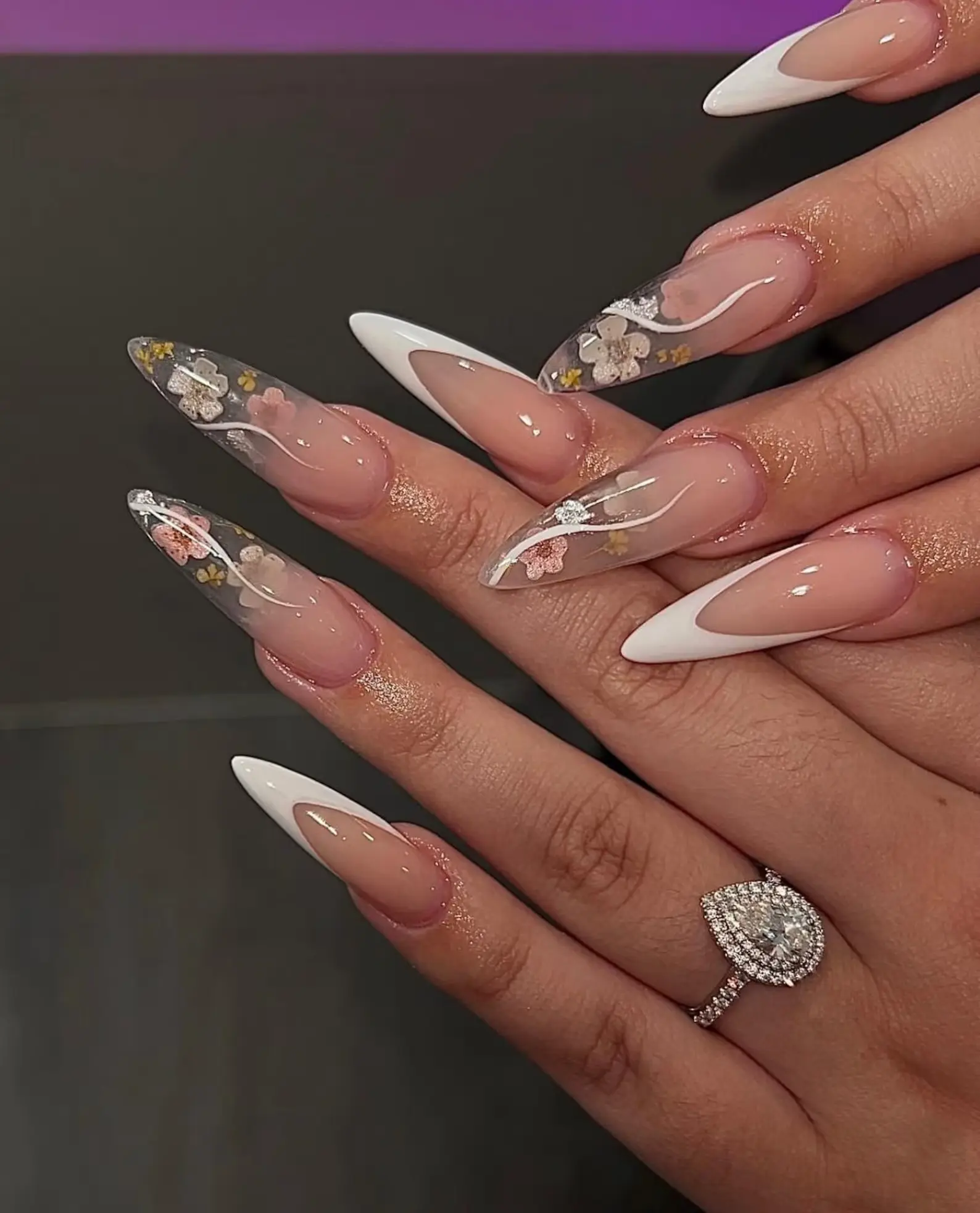 Nailchemy - Floral French Tip Press On Nails/Long Almond Fake/Acrylic Press On/Handmade Gel Nails/Bridal，Birthday，Prom Nails/Gift for Her