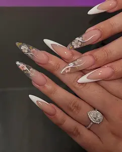 Nailchemy - Floral French Tip Press On Nails/Long Almond Fake/Acrylic Press On/Handmade Gel Nails/Bridal，Birthday，Prom Nails/Gift for Her